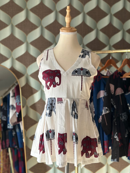 Ivory White Elephant Print Cotton Sleeveless Top