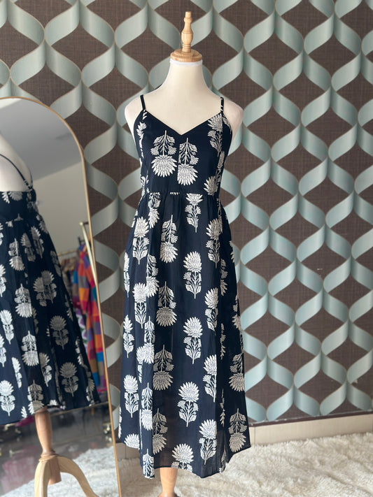 Black Floral Printed Sleeveless Midi Dress