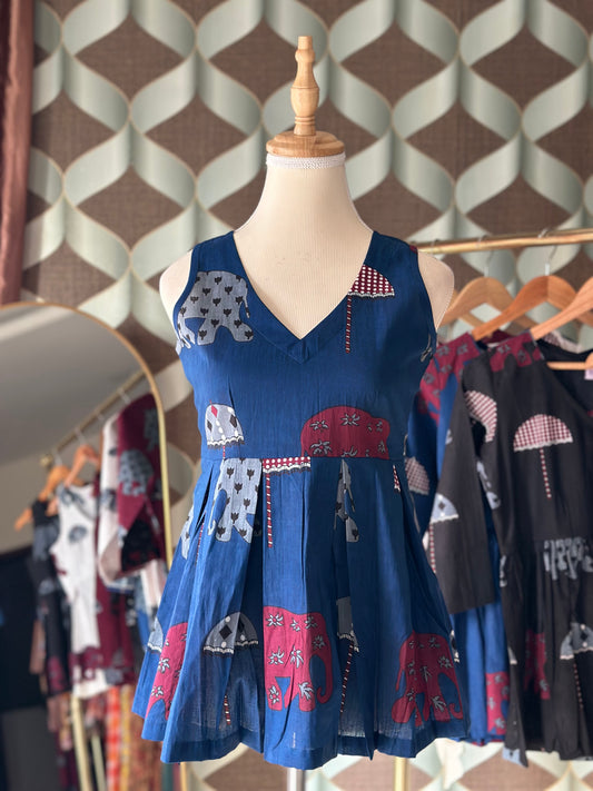 Navy Blue Elephant Print Cotton Sleeveless Top