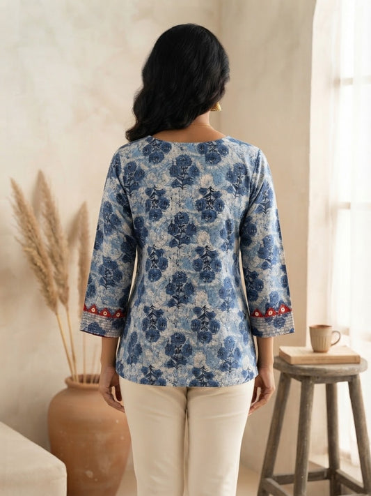 Blue Floral Cotton Short Top