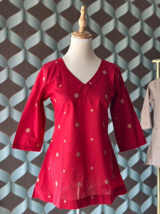 Ruby Red Handloom Cotton V-Neck Top