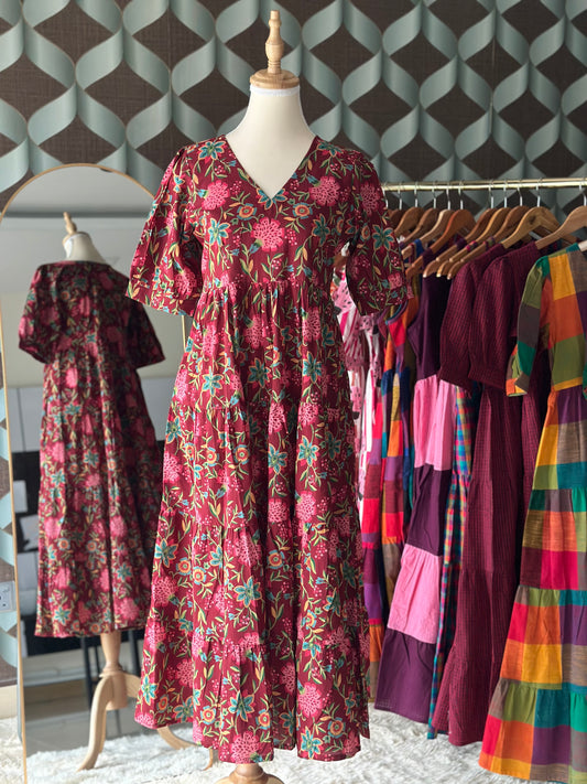 Red Multicolor Floral Tier Dress