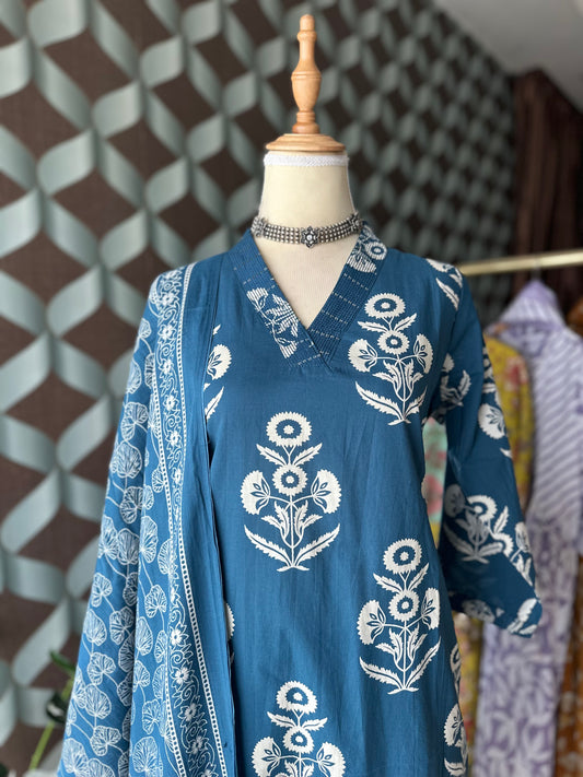 Teal Blue Cotton Suit Set
