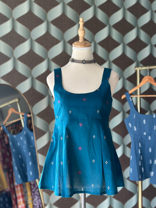 Sea Blue Handloom Cotton Strap Top