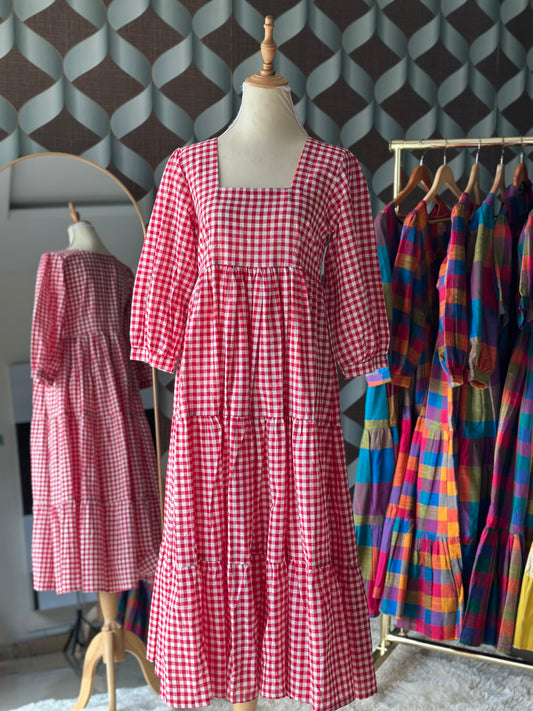 Red Gingham Midi Dress