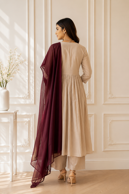 TANIKA Beige Pure Cotton Anarkali Set with Burgundy Mul Cotton Dupatta