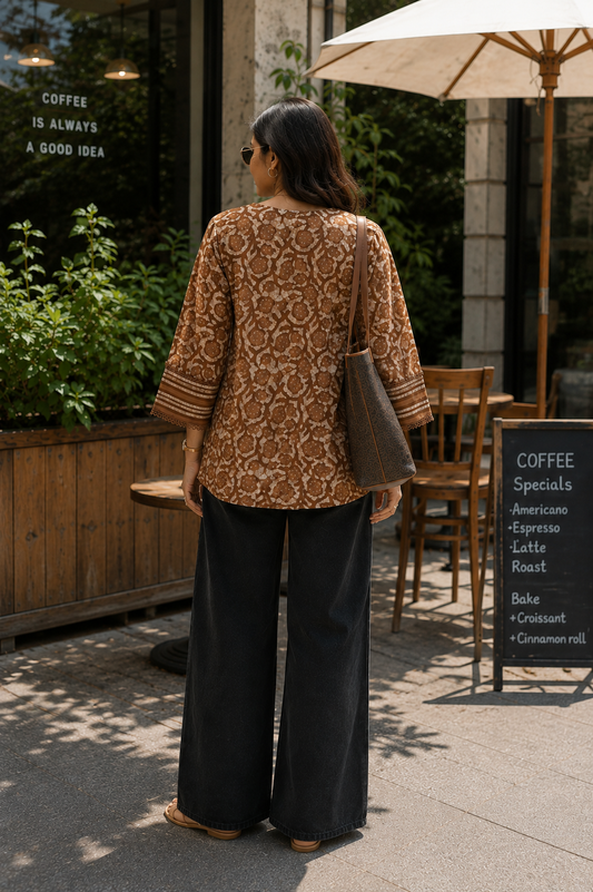 Caramel Floral Cotton Short Top