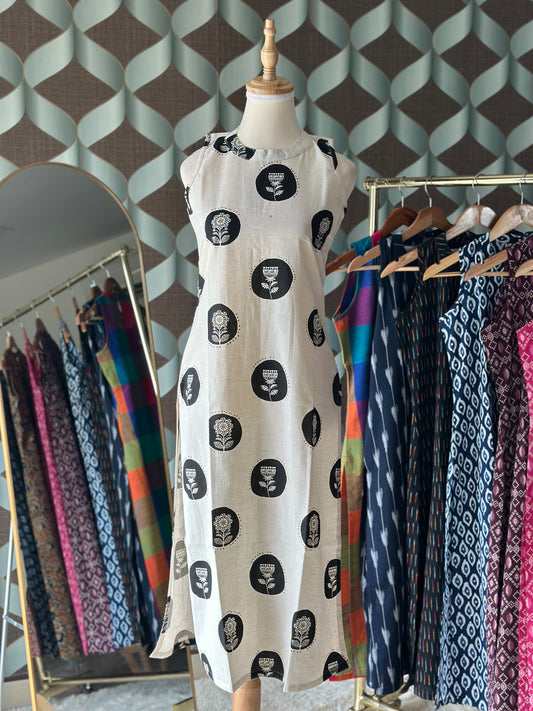 Black & Cream Polka Halter Cotton Kurta