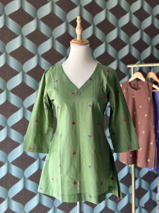 Olive Green Handloom Cotton V-Neck Top