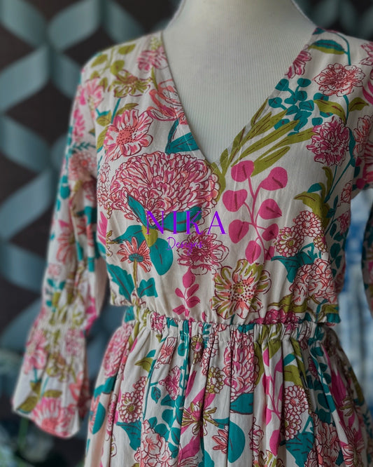 Cream Floral Cut-out Waist Dress