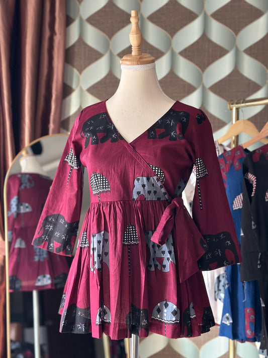 Burgundy Elephant Print Cotton Short Top