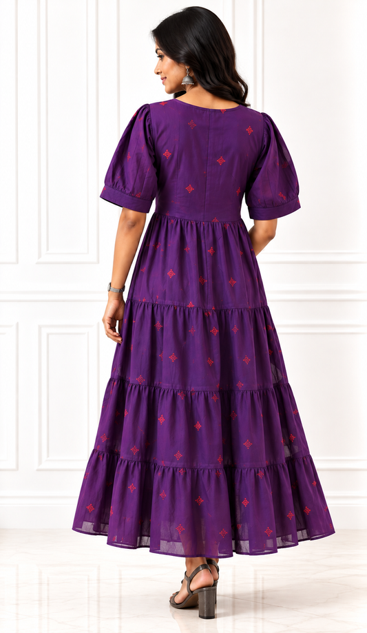 Royal Purple Handloom Cotton Tiered Midi Dress