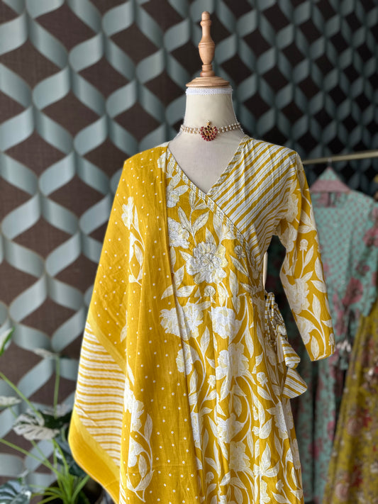 Lemon Yellow Cotton Anarkali Suit Set