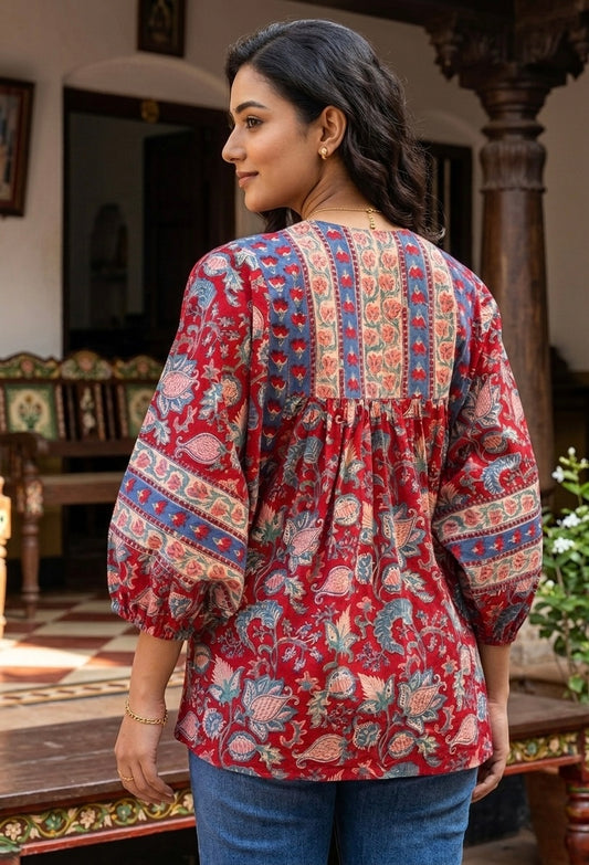 Red Floral Handblock Printed Boho Top