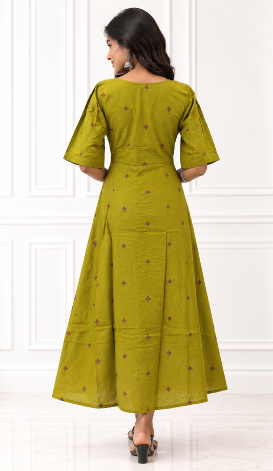 Handloom Cotton A-Line Midi Dress – Olive Green