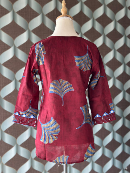 Maroon Printed Cotton Short Top