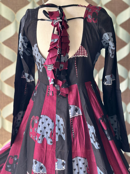 Elephant Print Cotton Anarkali Dress – Black & Burgundy