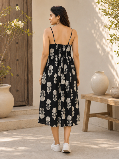 Black Floral Printed Sleeveless Midi Dress