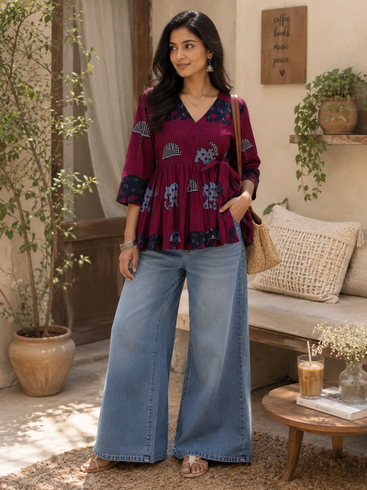 Burgundy Elephant Print Cotton Short Top