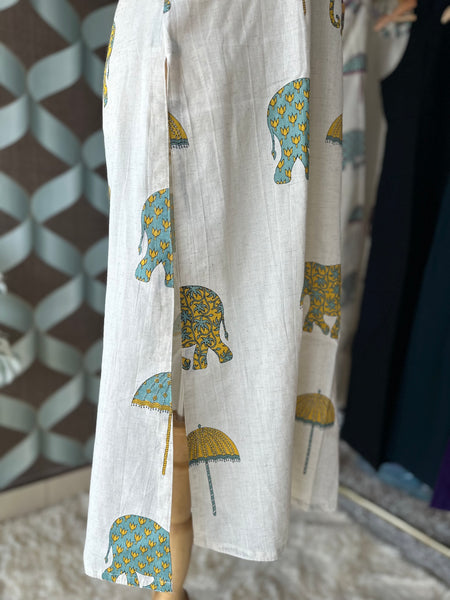 Jaipur Elephant&Umbrella Print Kurta Top(Green&Yellow)