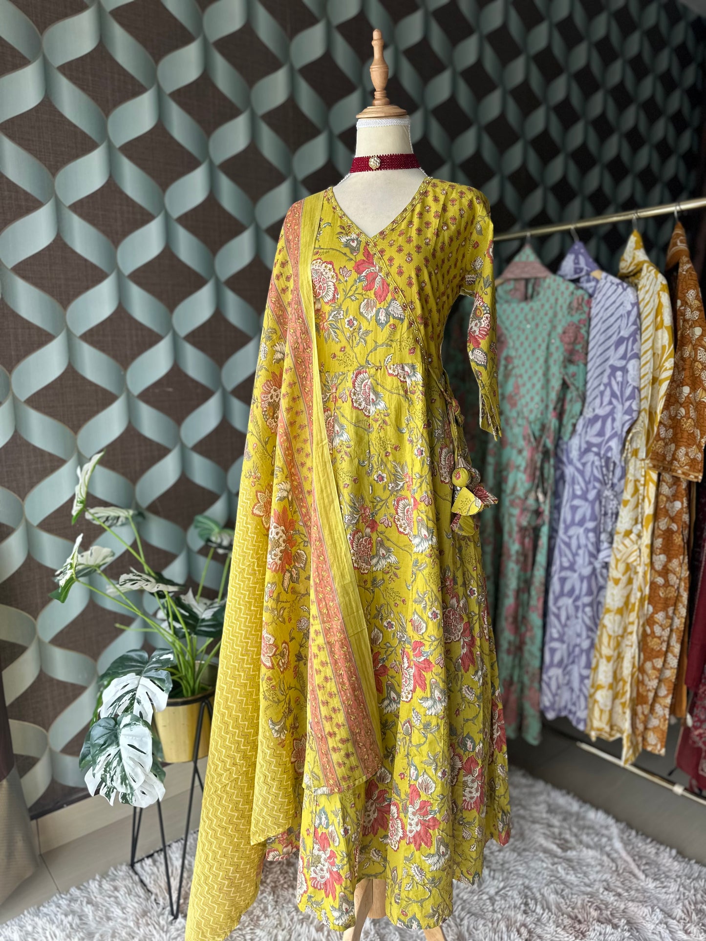 Yellow Floral Cotton Anarkali Suit Set