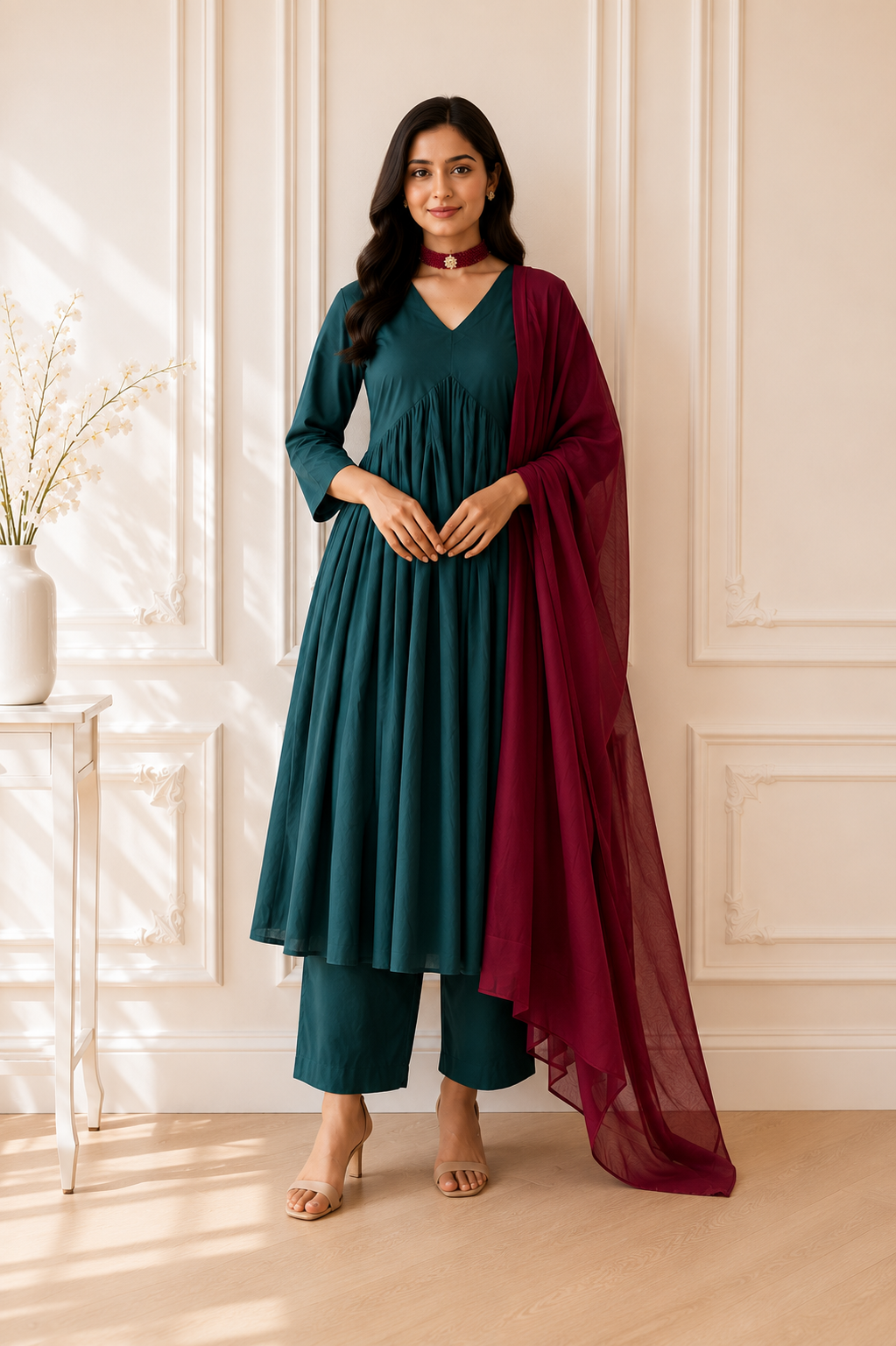 TANIKA Dark Green Pure Cotton Anarkali Set with Red Mul Cotton Dupatta