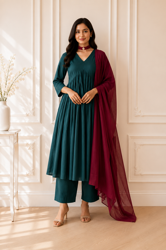 TANIKA Dark Green Pure Cotton Anarkali Set with Red Mul Cotton Dupatta