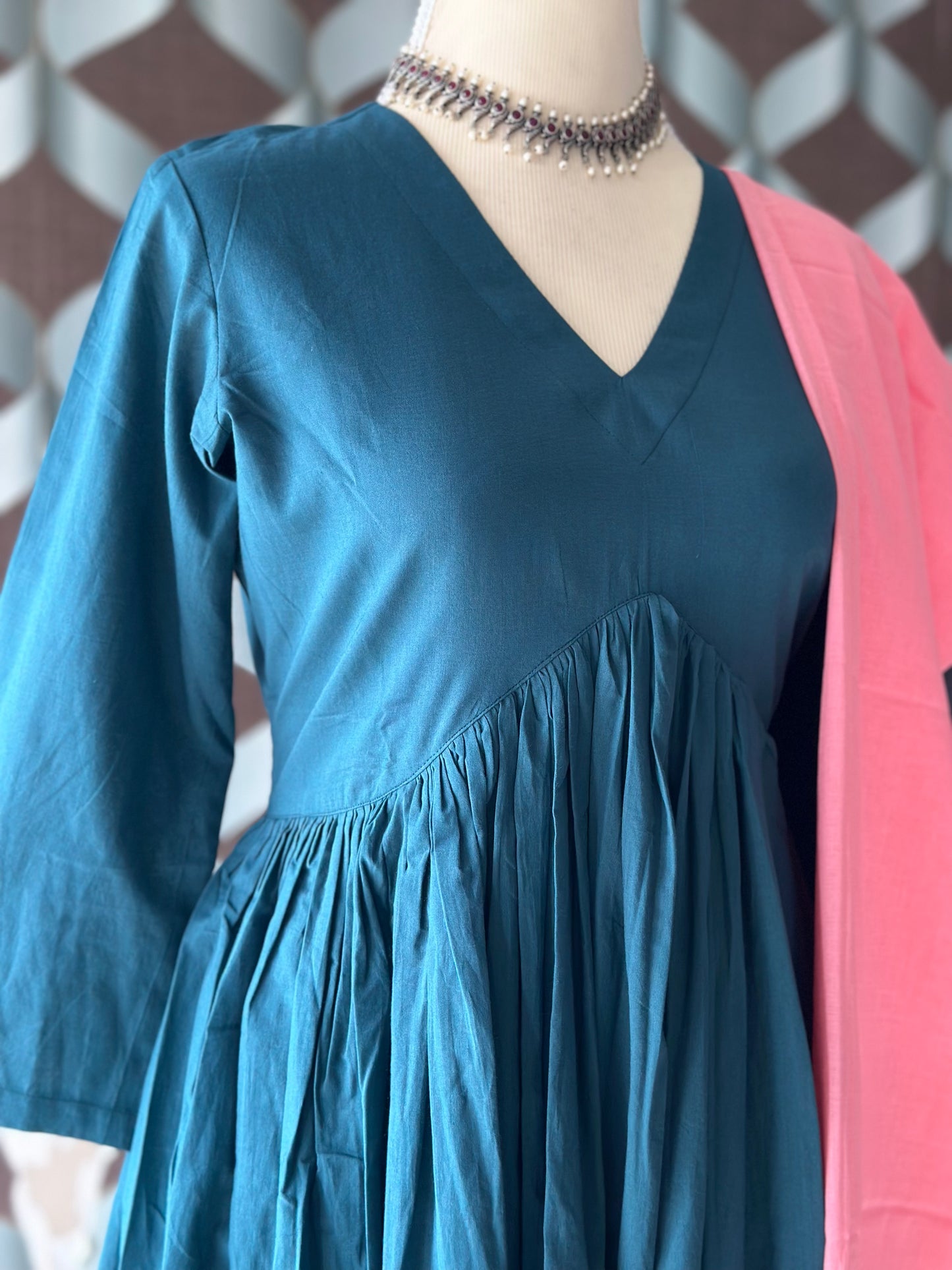 TANIKA Deep Teal Pure Cotton Anarkali Set with Peach Mul Cotton Dupatta