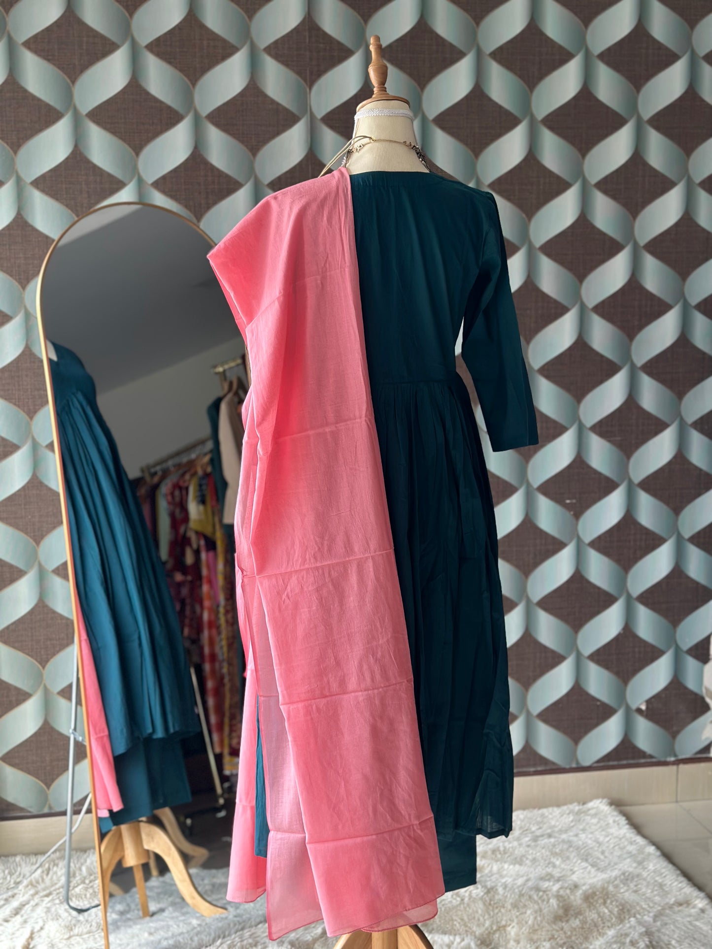 TANIKA Deep Teal Pure Cotton Anarkali Set with Peach Mul Cotton Dupatta