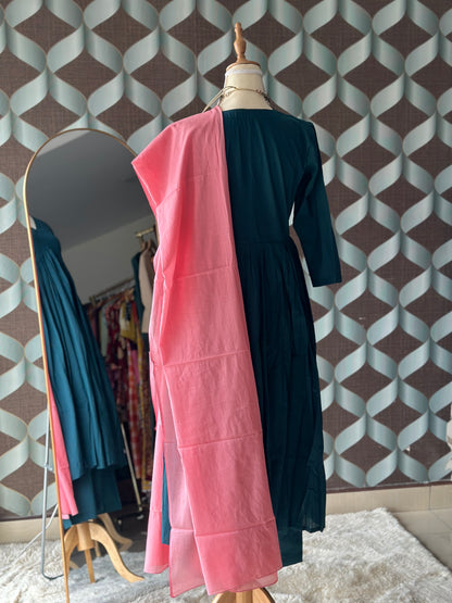 TANIKA Deep Teal Pure Cotton Anarkali Set with Peach Mul Cotton Dupatta