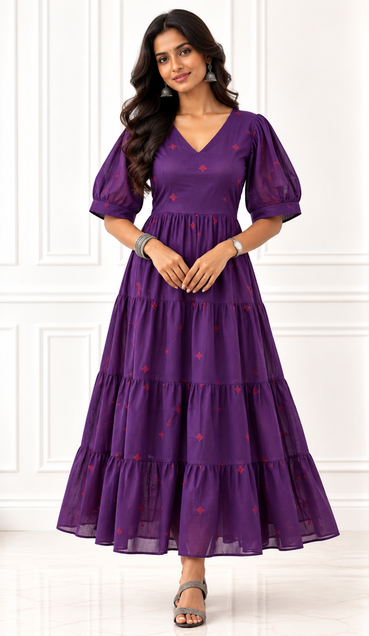 Royal Purple Handloom Cotton Tiered Midi Dress