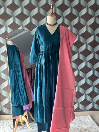 TANIKA Deep Teal Pure Cotton Anarkali Set with Peach Mul Cotton Dupatta