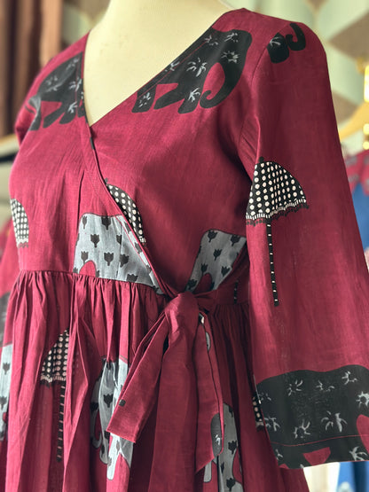 Burgundy Elephant Print Cotton Short Top