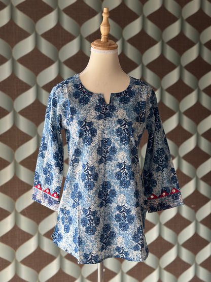 Blue Floral Cotton Short Top