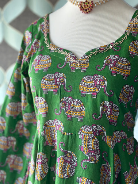 Green Cotton Elephant Anarkali