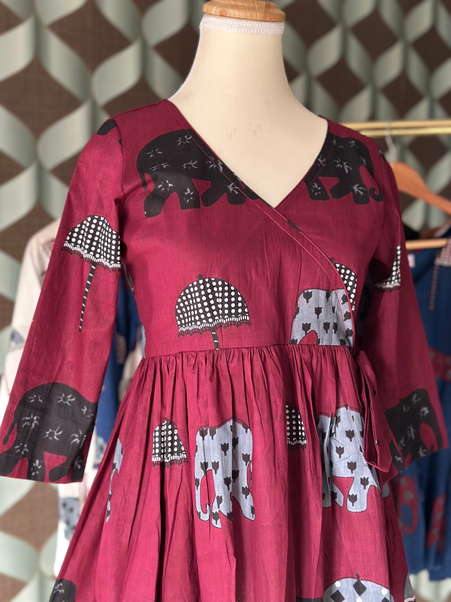 Burgundy Elephant Print Cotton Short Top