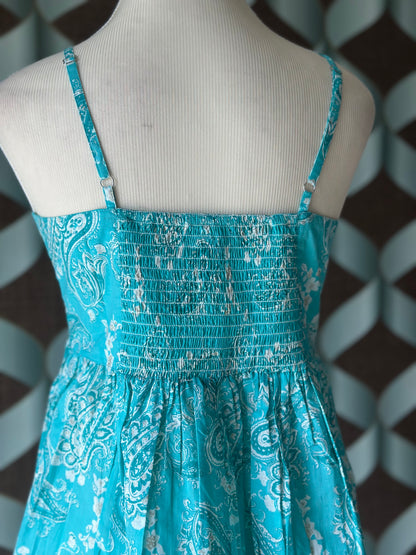 Aqua Blue Printed Strap Smocked  Top