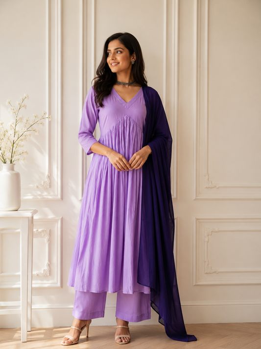 TANIKA Lavender Bliss Pure Cotton Anarkali Set with Blueberry Mul Cotton Dupatta
