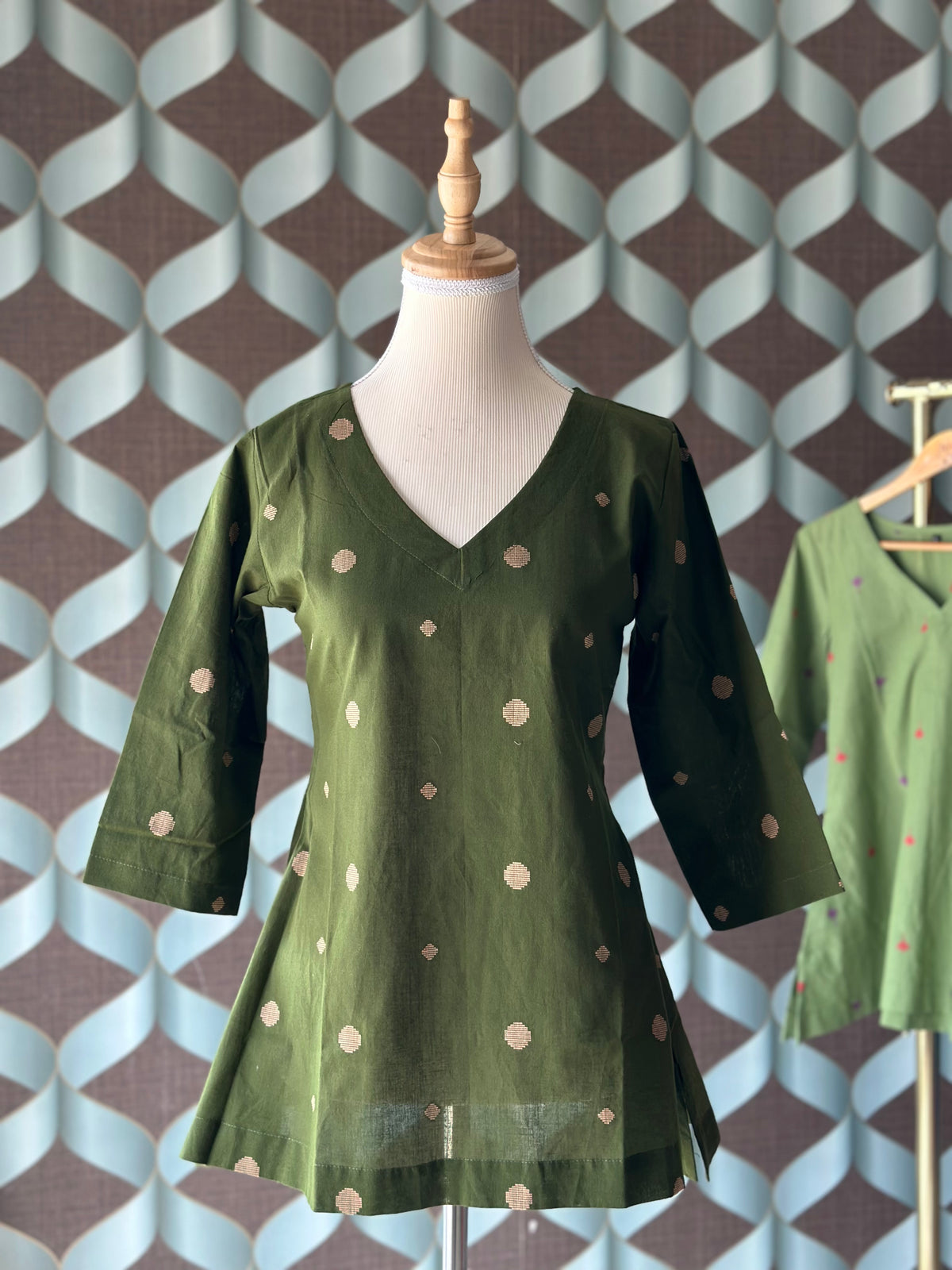 Forest Green Handloom Cotton V-Neck Top