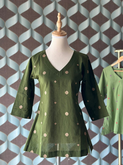Forest Green Handloom Cotton V-Neck Top