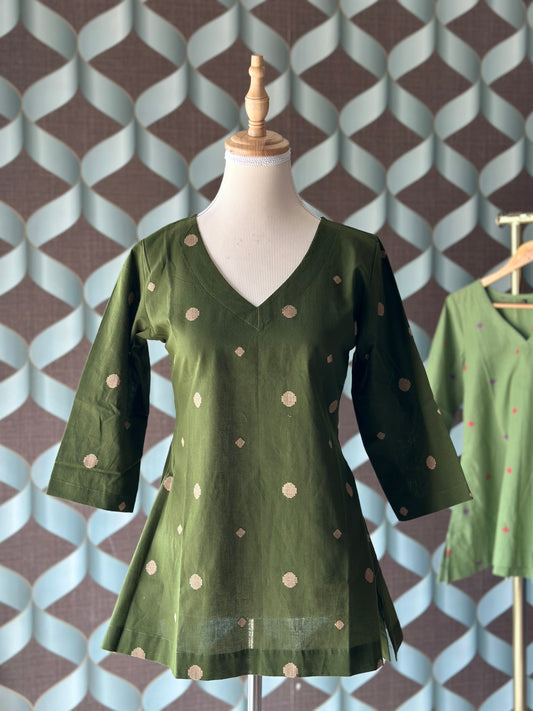 Forest Green Handloom Cotton V-Neck Top