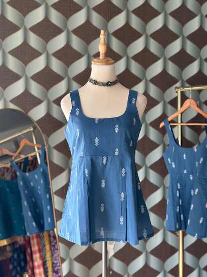 Denim Blue Handloom Cotton Strap Top