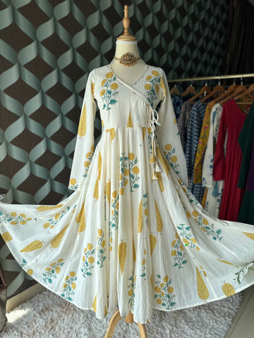 Mul Cotton Yellow&Cream Anarkali