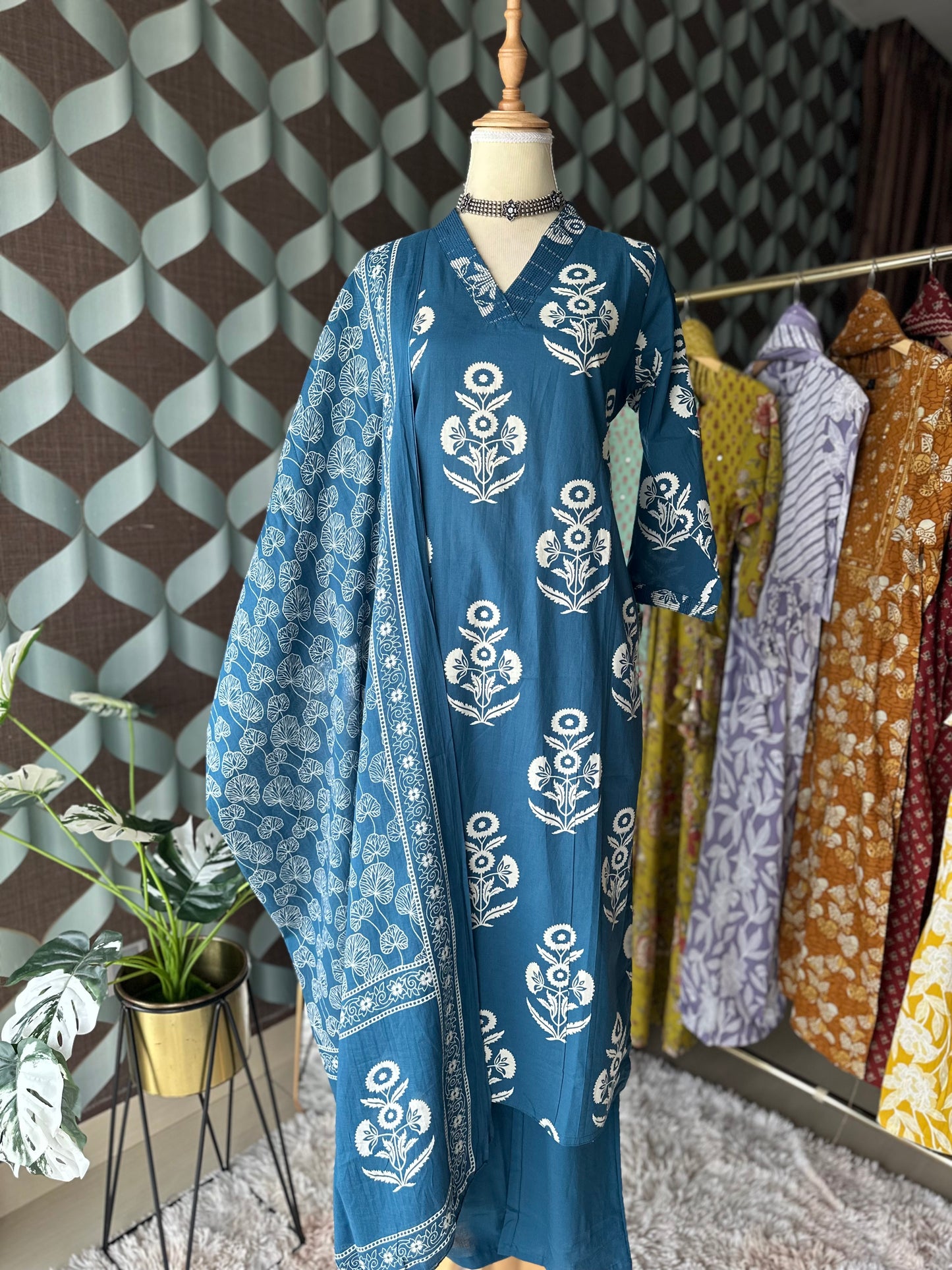 Teal Blue Cotton Suit Set
