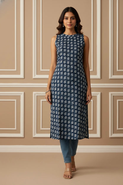 Indigo Blue Leaf Halter Cotton Kurta
