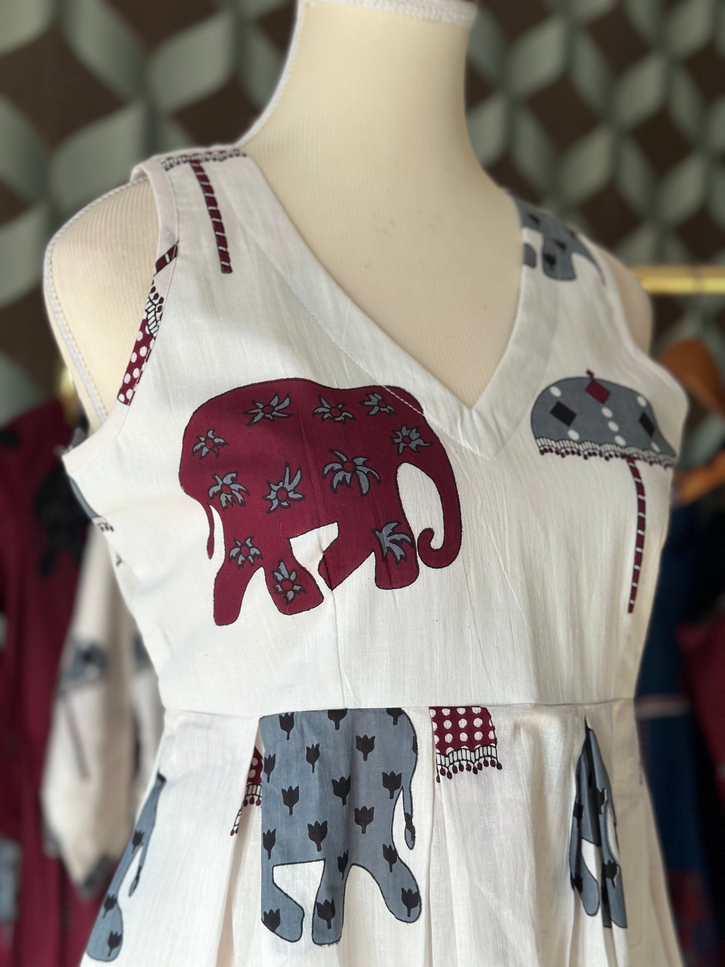 Ivory White Elephant Print Cotton Sleeveless Top