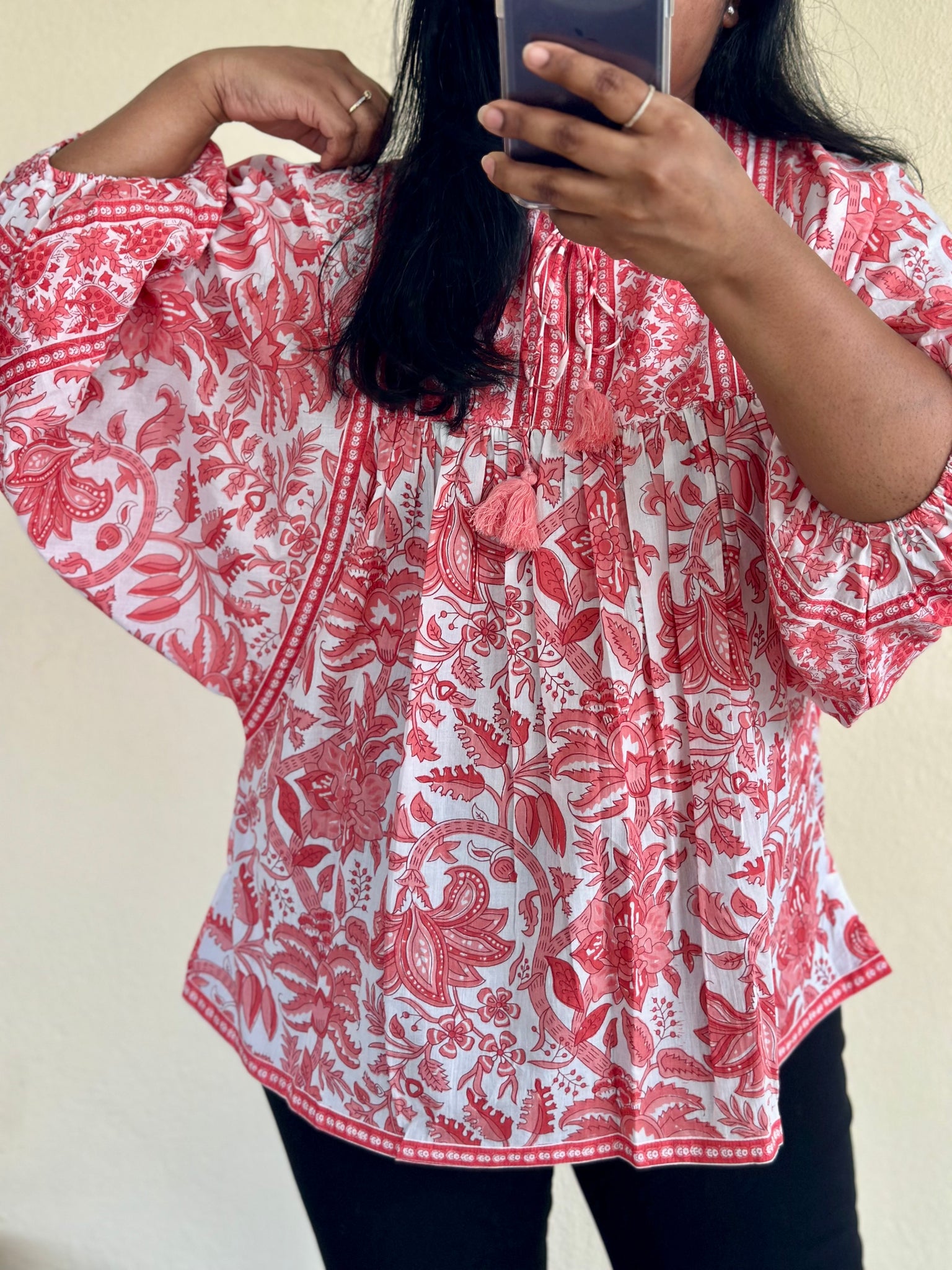 White and Coral Handblock Print Cotton Top