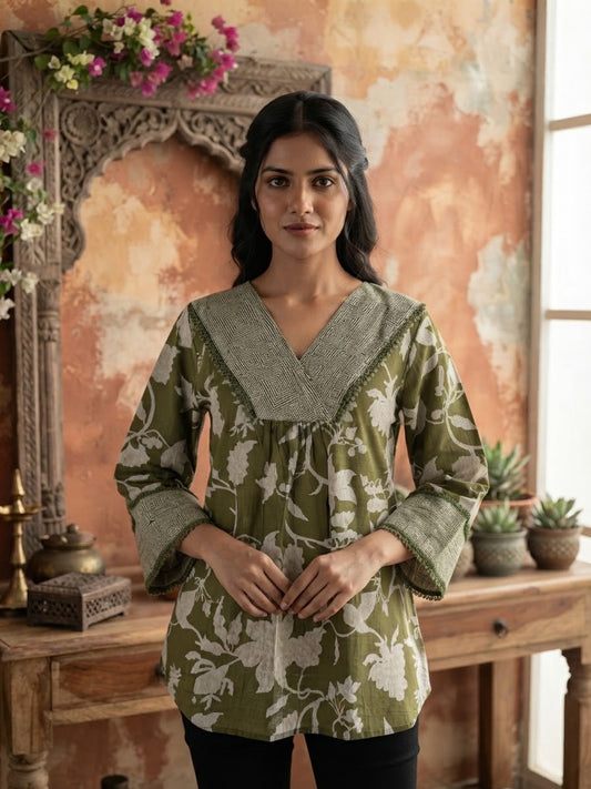 Green Floral Cotton Top