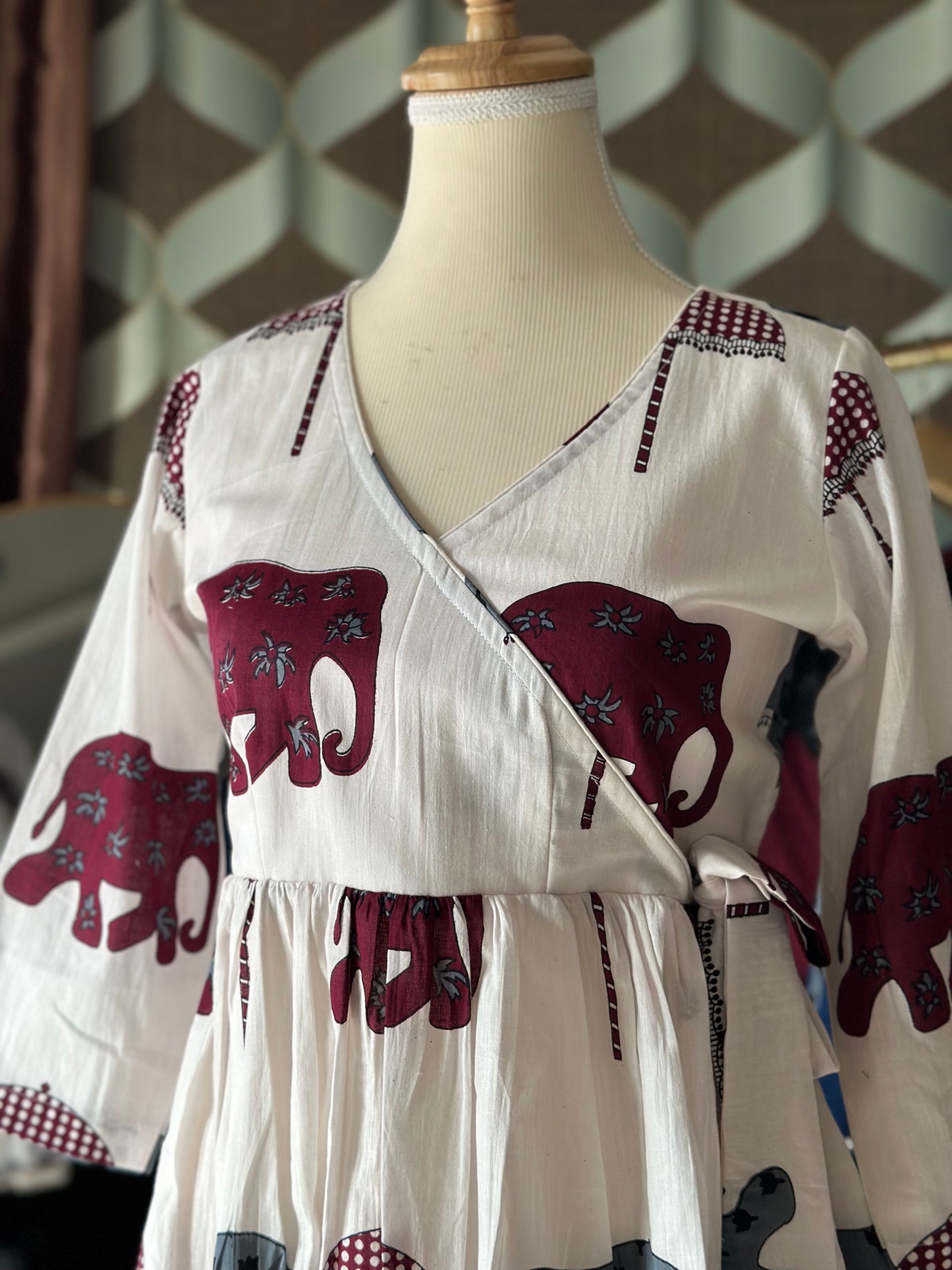 Ivory White Elephant Print Cotton Short Top