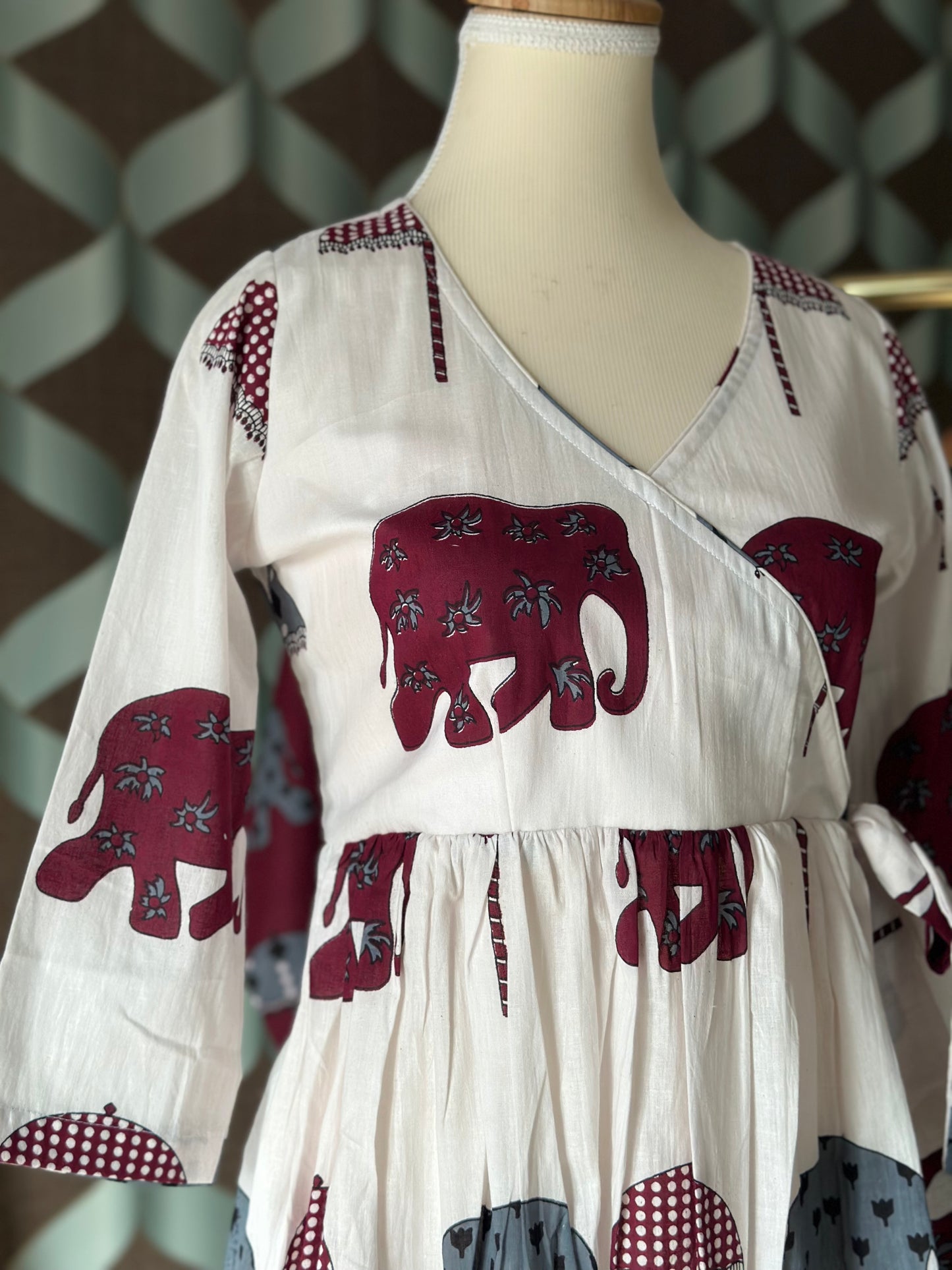 Ivory White Elephant Print Cotton Short Top